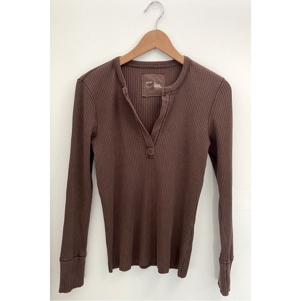 Aerie Brown V-Neck Henley Shirt Size Small